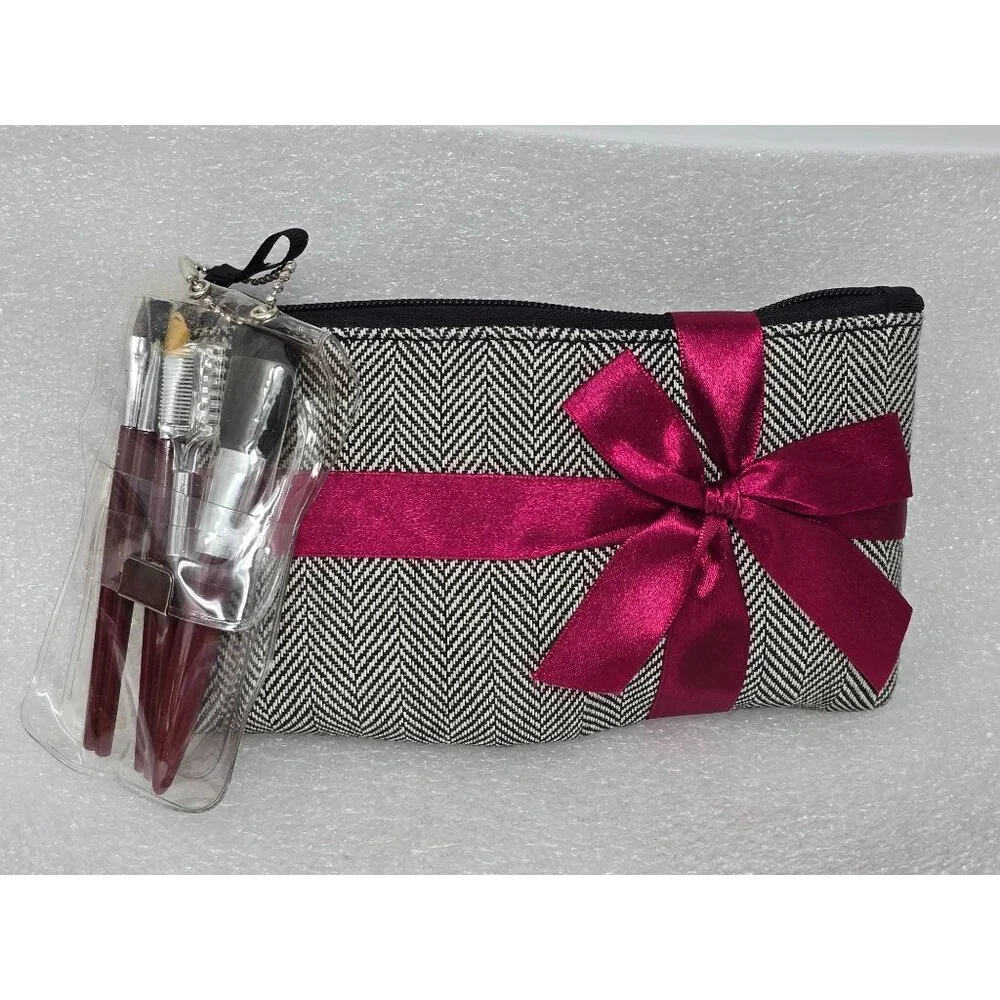 Living Things Herringbone Cosmetic Bag w Mini Makeup Brush Set Burgundy Ribbon